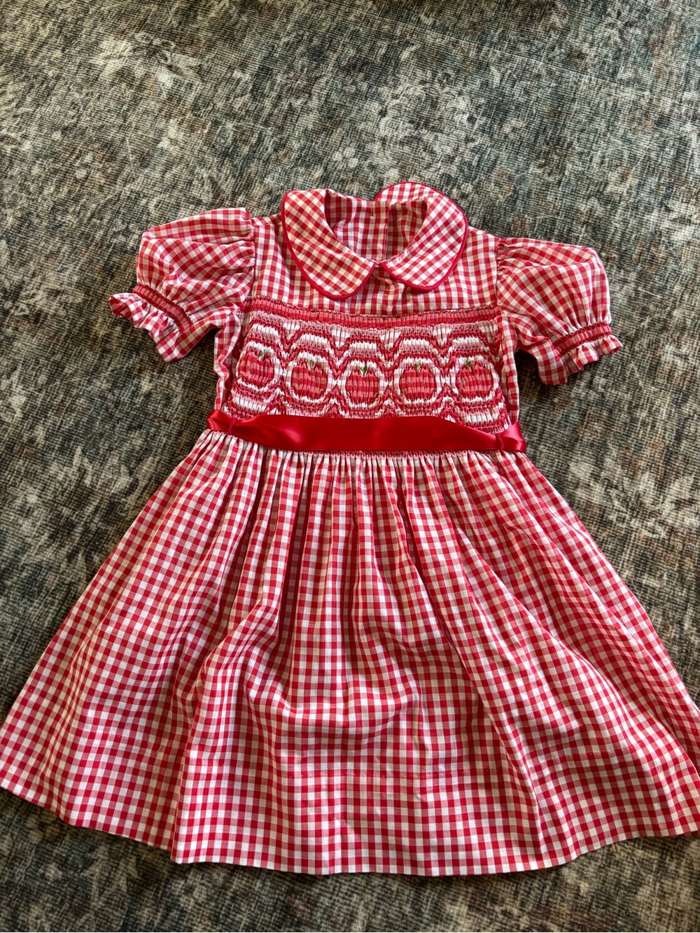 Red Gingham Smocked Girl's Dress with Ribbon Waist